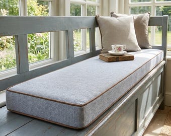 Contrast Piping Custom Linen Bench Cushion, Window Seat Cushion, Indoor Bench Linen Cushion