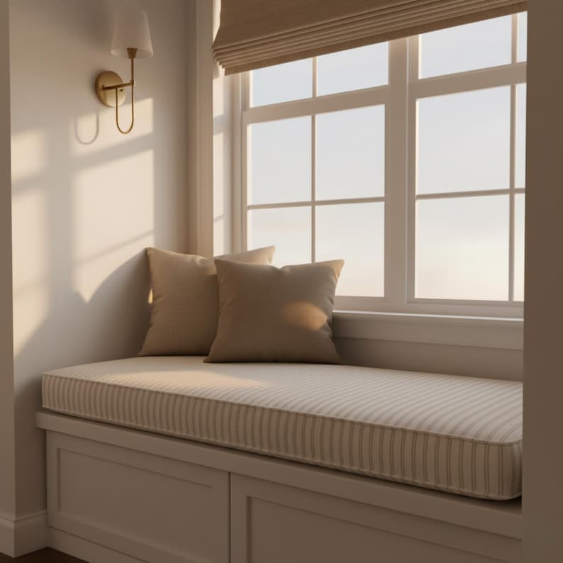 K&ouml;nnte beinhalten: Eine gem&uuml;tliche Fensterbank mit gestreiftem Kissen und zwei beigefarbenen Kissen. Der Sitz ist in einen wei&szlig;en Schrank mit zwei T&uuml;ren eingebaut. Eine goldene Wandleuchte ist an der Wand angebracht, und ein Fenster mit beigem Rollo befindet sich im Hintergrund.