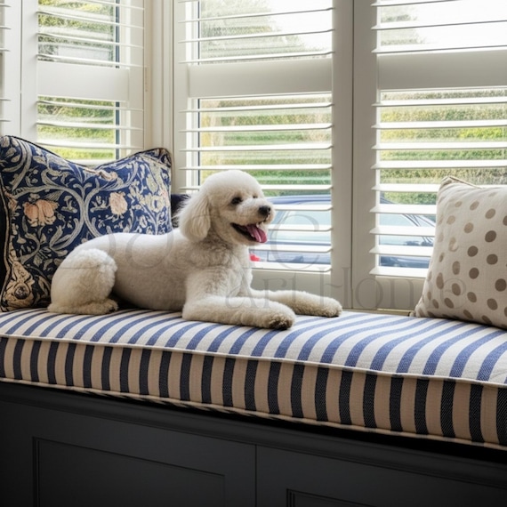 2" Thick Striped Bench Cushion, Washable Bench Cushion, Bay Window Cushion, Linen Dining Nook Cushions