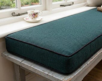 Custom Window Seat Cushion, Teal Bench Cushion with Piping, Made to Measure Bay Window Seat Pad, Indoor Bench Mattress, Reading Nook Decor