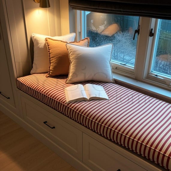 2” Thick Striped Linen Bench Cushion, Custom Bay Window Seat Cushion, Kallax Bench Cushion