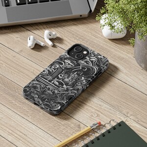 Funda para iPhone con paisaje urbano abstracto: ondas artísticas en blanco y negro imagen 6