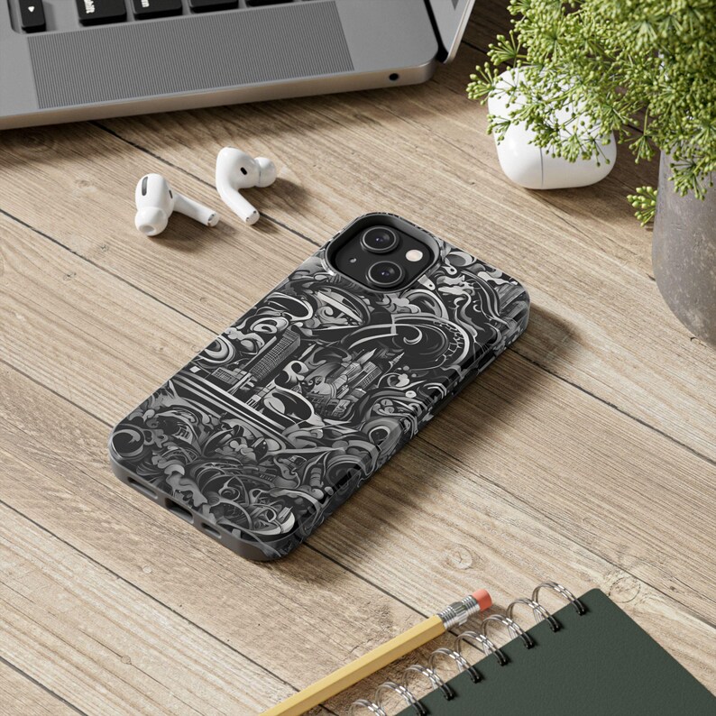 Funda para iPhone con paisaje urbano abstracto: ondas artísticas en blanco y negro imagen 6
