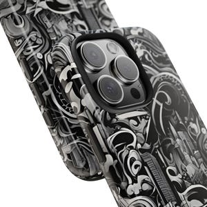Funda para iPhone con paisaje urbano abstracto: ondas artísticas en blanco y negro imagen 2