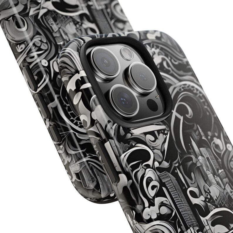 Funda para iPhone con paisaje urbano abstracto: ondas artísticas en blanco y negro imagen 2