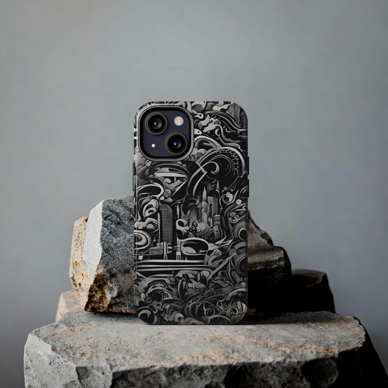 Funda para iPhone con paisaje urbano abstracto: ondas artísticas en blanco y negro imagen 9