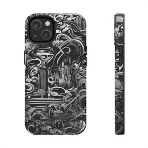 Funda para iPhone con paisaje urbano abstracto: ondas artísticas en blanco y negro imagen 5