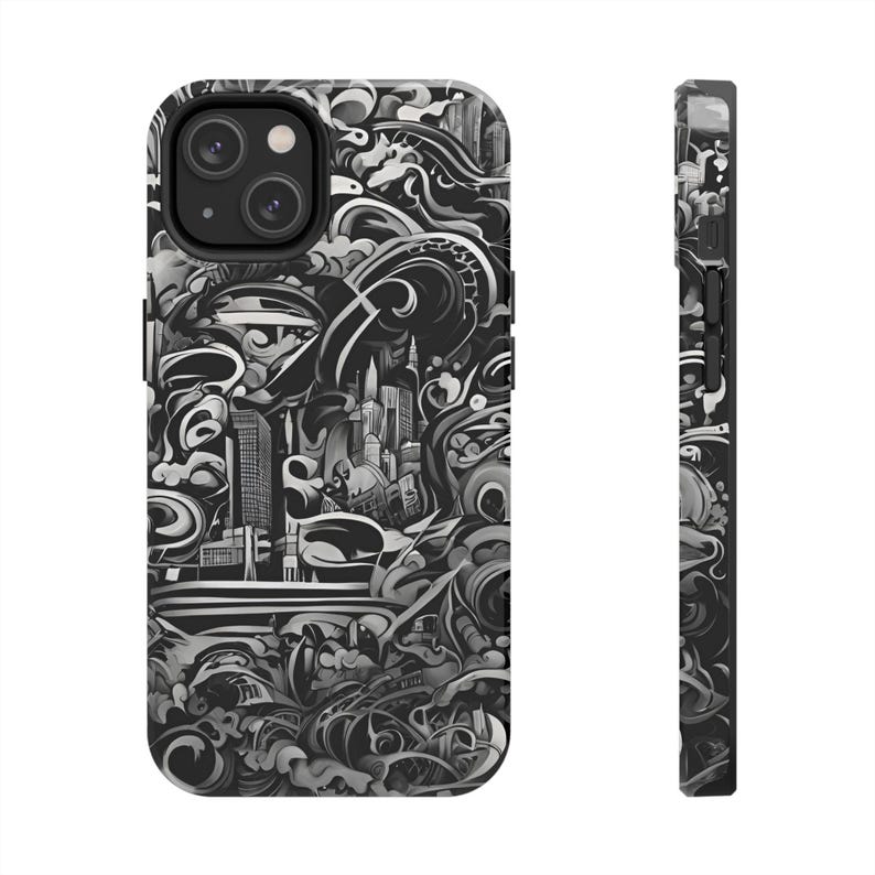 Funda para iPhone con paisaje urbano abstracto: ondas artísticas en blanco y negro imagen 5