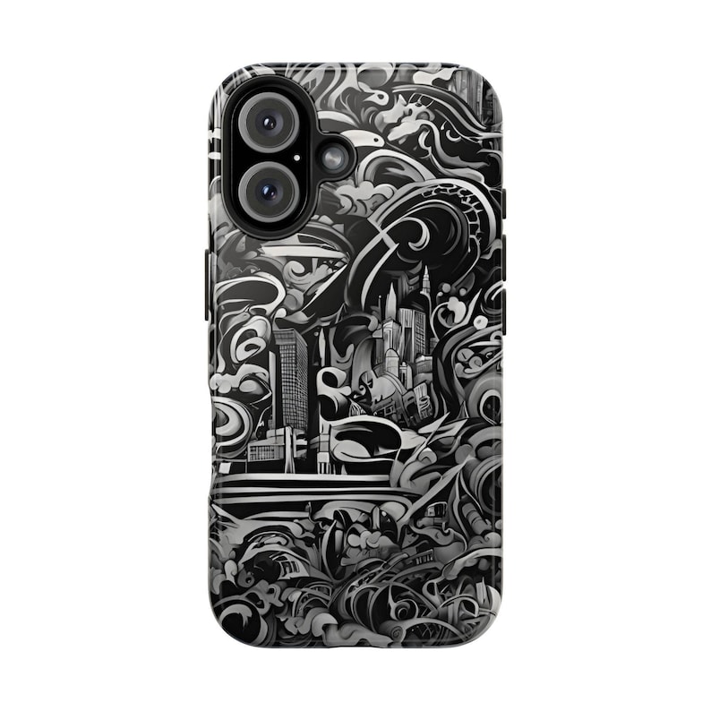 Funda para iPhone con paisaje urbano abstracto: ondas artísticas en blanco y negro imagen 1