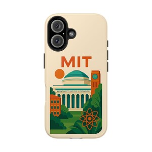 Peut inclure: Coque de téléphone avec un fond crème et une illustration colorée du campus du Massachusetts Institute of Technology (MIT). Le design comprend le logo du MIT, des bâtiments et le texte "MIT".