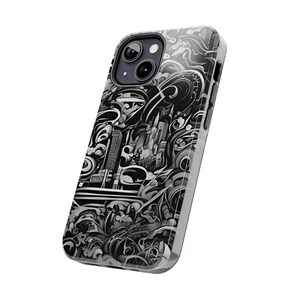 Funda para iPhone con paisaje urbano abstracto: ondas artísticas en blanco y negro imagen 8