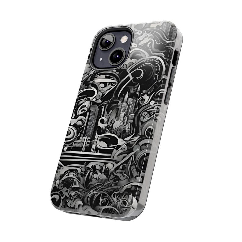 Funda para iPhone con paisaje urbano abstracto: ondas artísticas en blanco y negro imagen 8
