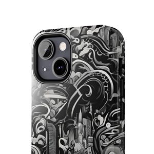 Funda para iPhone con paisaje urbano abstracto: ondas artísticas en blanco y negro imagen 7