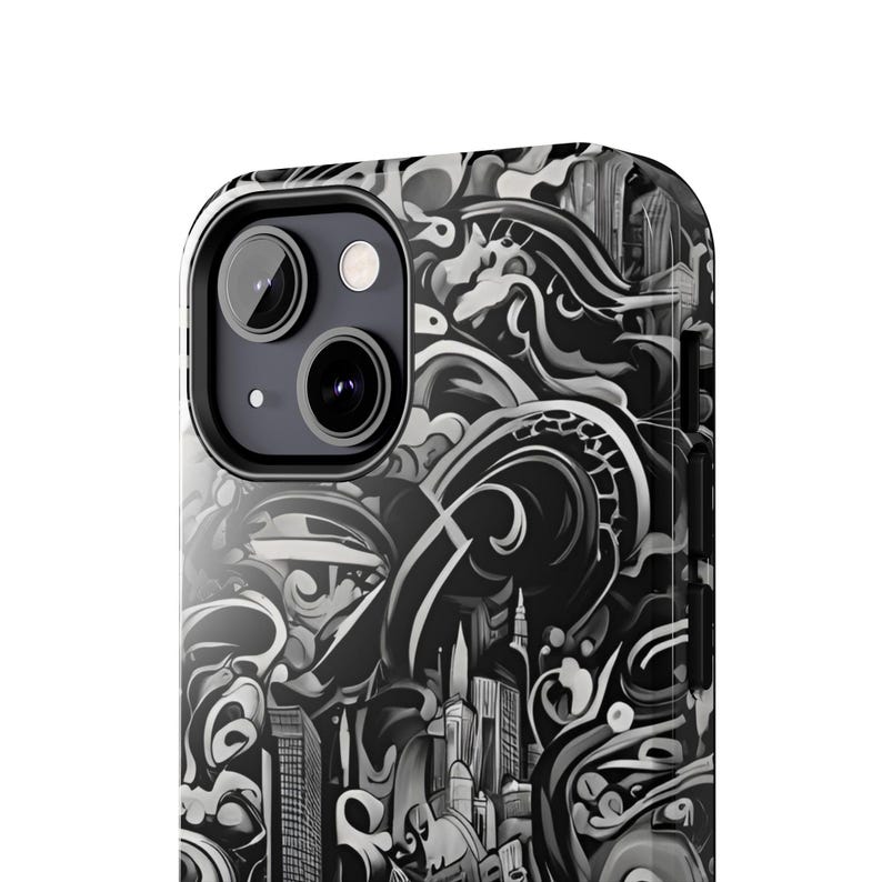 Funda para iPhone con paisaje urbano abstracto: ondas artísticas en blanco y negro imagen 7