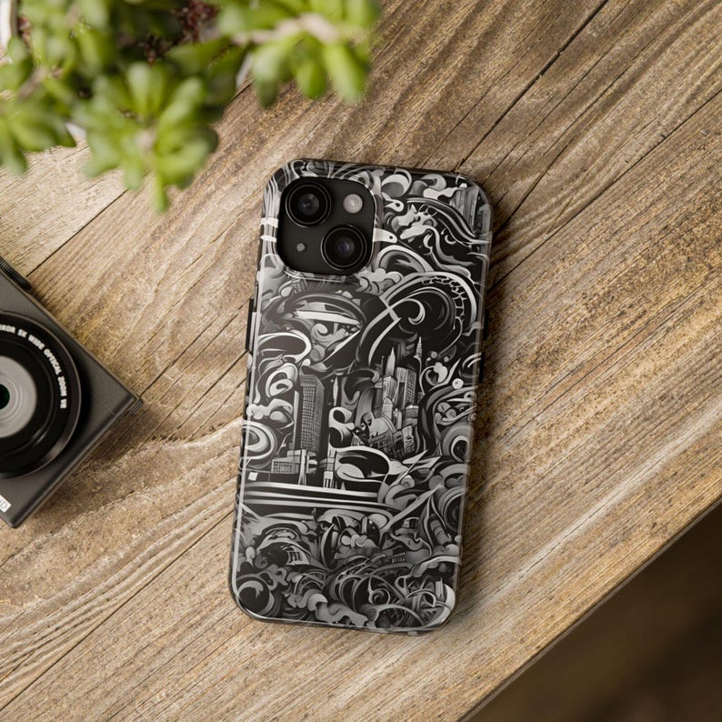 Funda para iPhone con paisaje urbano abstracto: ondas artísticas en blanco y negro imagen 3