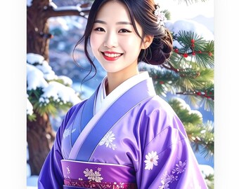 Winter in Japan – Snowy Pine Beauty Poster, Ukiyo-e Inspired Japanese Art, Soft Purple Kimono Style Wall Decor