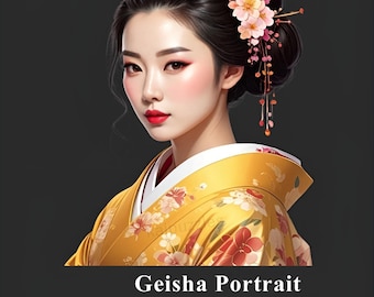 Japanese Geisha Portrait PNG Bundle | 10 Transparent Background Illustrations | Elegant Asian Woman Clipart Commercial Use