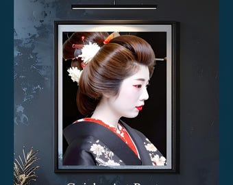 Japanese Geisha Art Poster – Elegant Side Profile Portrait, Black Kimono Wall Art, Japandi Decor, Archival Matte Print