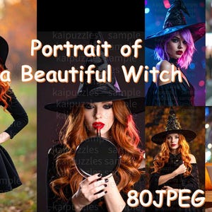 Puede incluir: Imagen compuesta con múltiples retratos de mujeres vestidas de brujas. Cada mujer lleva un sombrero y un vestido de bruja negros. El texto "Portrait of a Beautiful Witch" se superpone a la imagen, junto con "80JPEG".