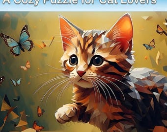 Warm Golden Kitten Jigsaw Puzzle | Cozy Cute Cat Artwork with Butterflies | 120, 252 or 500 Pieces | Relaxing Gift for Cat Lovers