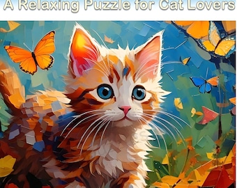Cute Kitten Jigsaw Puzzle with Butterflies | Colorful Cat Art Puzzle | 120, 252 or 500 Pieces | Cat Lover Gift & Relaxing Family Activity