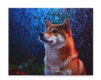 Shiba Inu Puzzle Under Neon Rain | Calm Japanese Dog Jigsaw Puzzle 120 252 500 Pieces | Relaxing Art Gift for Dog Lovers