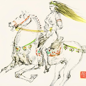 May include: A sketch of a person riding a horse, rendered in black ink with watercolor accents. The horse has colorful tack, and the rider has flowing yellow hair. A red stamp is in the lower right corner.