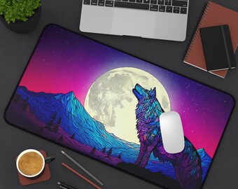 Stained Glass Wolf and Full Moon Desk Mat, Japanese Mountain Design, Home Office Decor, Gaming Mouse Pad, Laptop Writing Surface, Table
