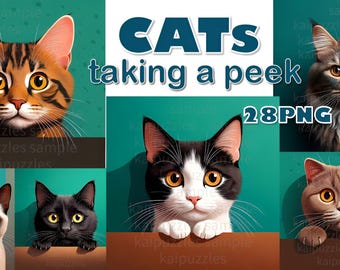 Peeking Cat Clipart Bundle – 28 PNGs | Cute Cat Faces (Siamese, Tabby, Tuxedo, Black, White) | Green Background | Stickers & Crafts