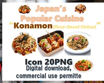 Japanese Street Food Clipart Set – Okonomiyaki, Takoyaki & Yakisoba Icons | 20 PNG Digital Stickers, Cute Kawaii Japanese Food Art