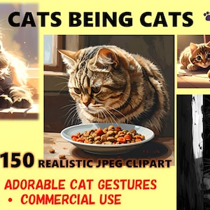 May include: A digital art compilation featuring cats. The image showcases diverse cat illustrations, such as a sleeping black and white cat, a tabby cat eating, and playful kittens. Text includes "CATS BEING CATS", "150 REALISTIC JPEG CLIPART", and "ADORABLE CAT GESTURES - COMMERCIAL USE".