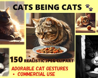 Cat Behavior Clipart Big Bundle - 150 Realistic Cat Poses & Gestures | Cute Cat Art, JPEG Images, Commercial Use, Cat Lovers Collection