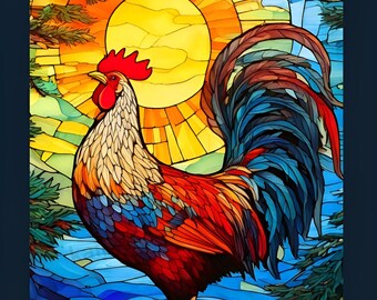Stained Glass Rooster Jigsaw Puzzle, Sunrise Rooster Art, Japanese Style Animal Puzzle, Colorful Bird Puzzle 120 252 500 Pieces