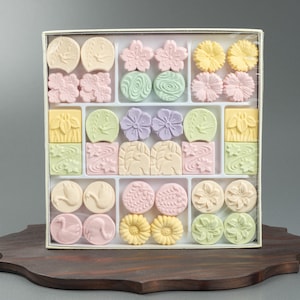 May include: A box of colourful Japanese wagashi, traditional confections. The sweets are arranged in a grid, featuring various shapes like flowers, birds, and geometric patterns. The colours include pastel pink, yellow, green, and purple, creating a visually appealing presentation.
