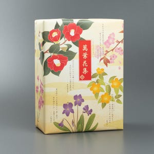 Pode incluir: Uma caixa de presente retangular embrulhada em papel creme com ilustrações florais. Camélias vermelhas, flores de cerejeira rosa, flores amarelas e violetas roxas adornam a embalagem. Texto japonês visível.