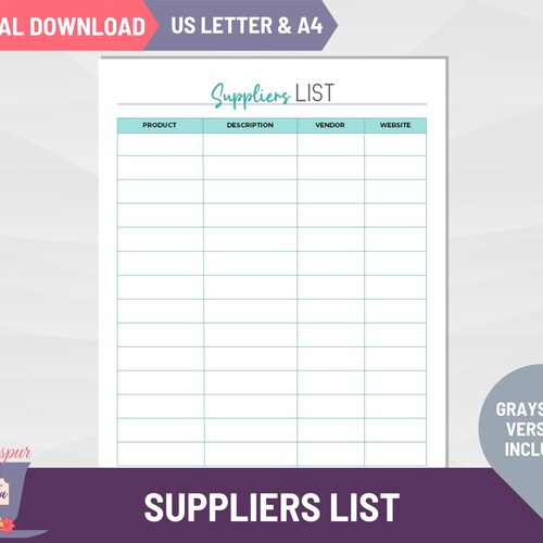 Suppliers List Log Printable Small Business Tracking and Etsy