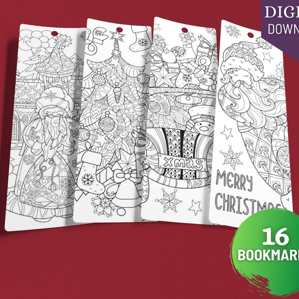 Printable Christmas Coloring Bookmarks, Creative Tags for Book Gifts, Holiday Craft Projects, Set of 16, 2” x 6”