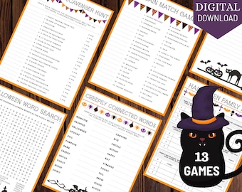13 Halloween Printable Games and 5 Bonus Note Paper Pages, Scavenger Hunt, Family Feud, Movie Trivia, Word Games, Witch Match, Villain Match