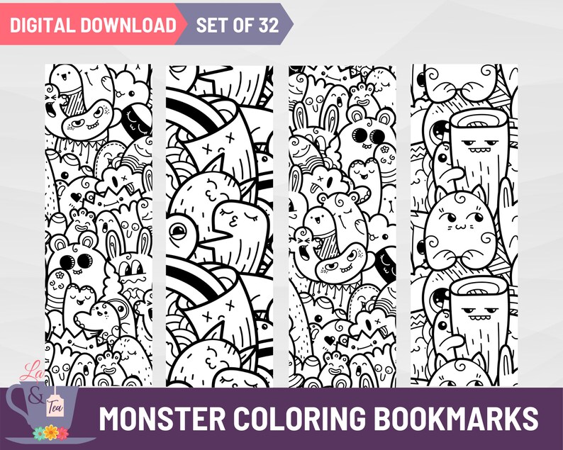 Mega Set of Doodle Monster Coloring Bookmarks, 32 Printable Monster ...