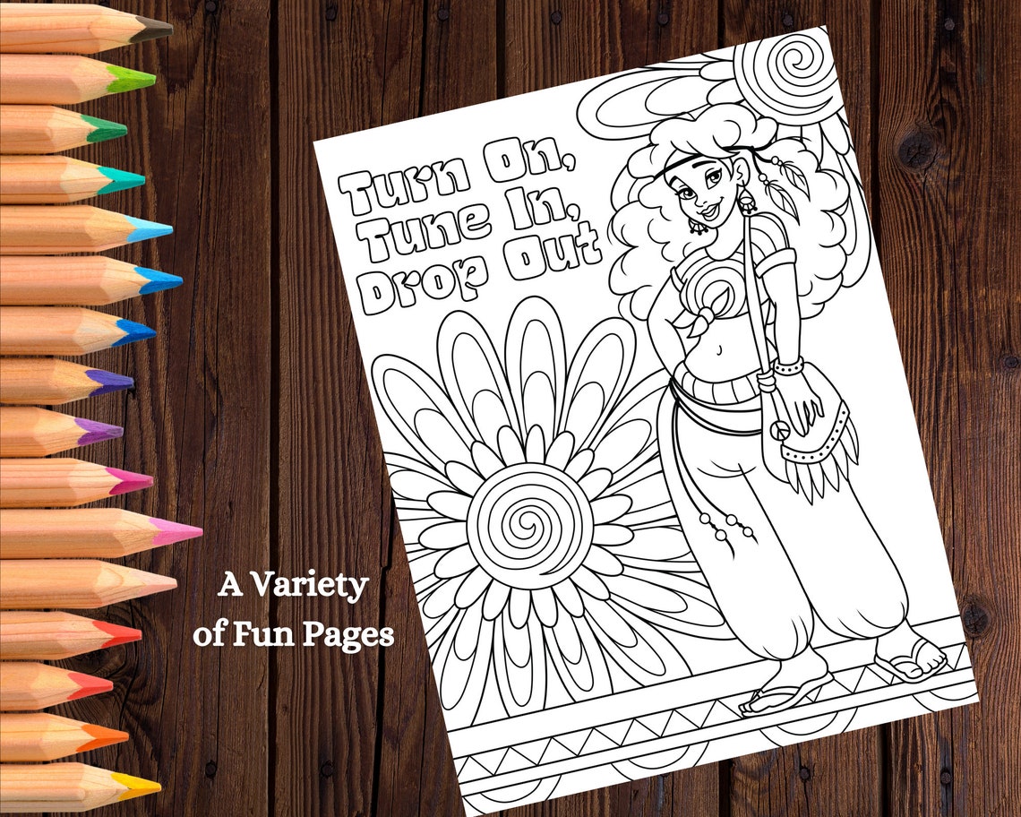 Hippies Printable Adult Coloring Pages 1960s and 1970s Etsy
