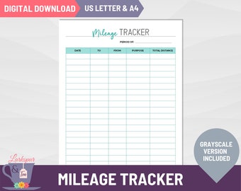 Mileage Tracker Printable, Small Business Tracking and Planning, Turquoise and Black Business Planner