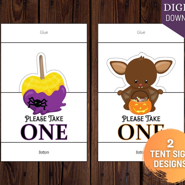 Please Take One Halloween Tent Signs for Trick-or-Treat Table, Download and Print, Easy to Assemble Bat and Candied Apple