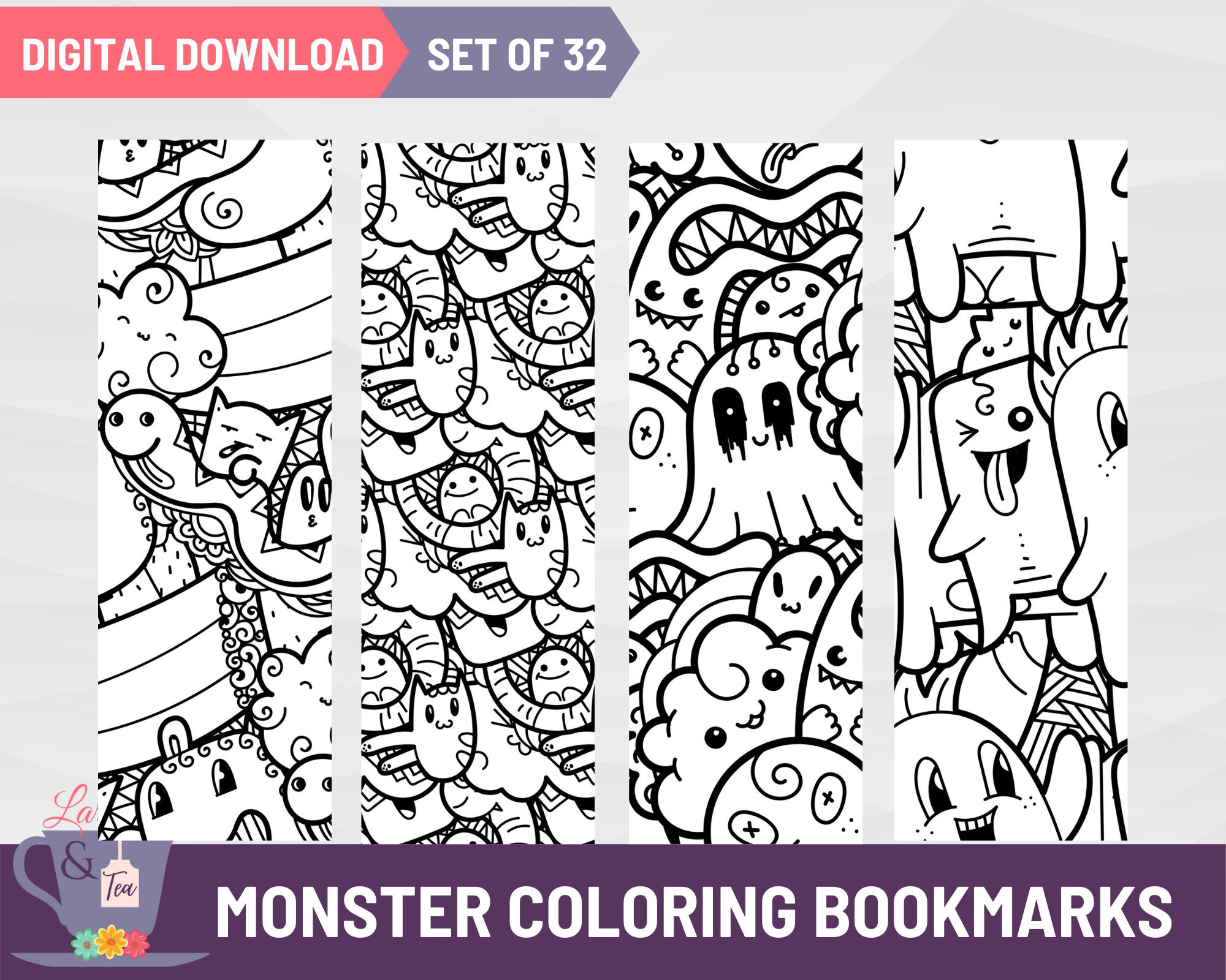 Mega Set of Doodle Monster Coloring Bookmarks, 32 Printable Monster ...