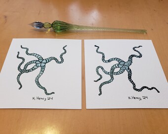 Hand Drawn Abstract Dancing Starfish in Green Ink on Watercolor Paper