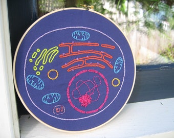 DIY Embroidery Kit of Cell Biology Diagram in bright neon colors. Hoop Art for the Scientist in everyone! Biology Science Geek Gift.