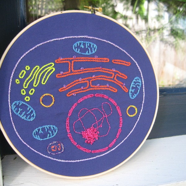 DIY Embroidery Kit of Cell Biology Diagram in bright neon colors. Hoop Art for the Scientist in everyone! Biology Science Geek Gift.