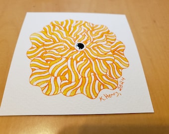 Hand Drawn Abstract Orange Floral Pattern on Watercolor Paper