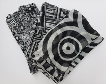 Black & White Science Inspired Art Scarf, created with code, inspired by Chemistry. Wearable geeky art accessory