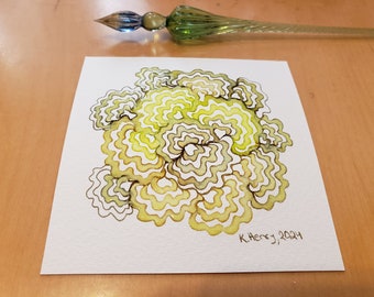 Hand Drawn Abstract Chartreuse Turkey Tail Mushroom Pattern on Watercolor Paper