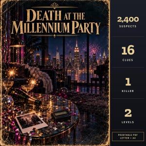 Op de afbeelding: Een spel getiteld Death at the Millennium Party met een nachtelijke skyline van New York met vuurwerk. De tafel bevat champagne, glazen, een foto en een pager. De tekst vermeldt 2.400 verdachten, 16 aanwijzingen, 1 moordenaar, 2 niveaus en printbare PDF in letter en A4 formaat.